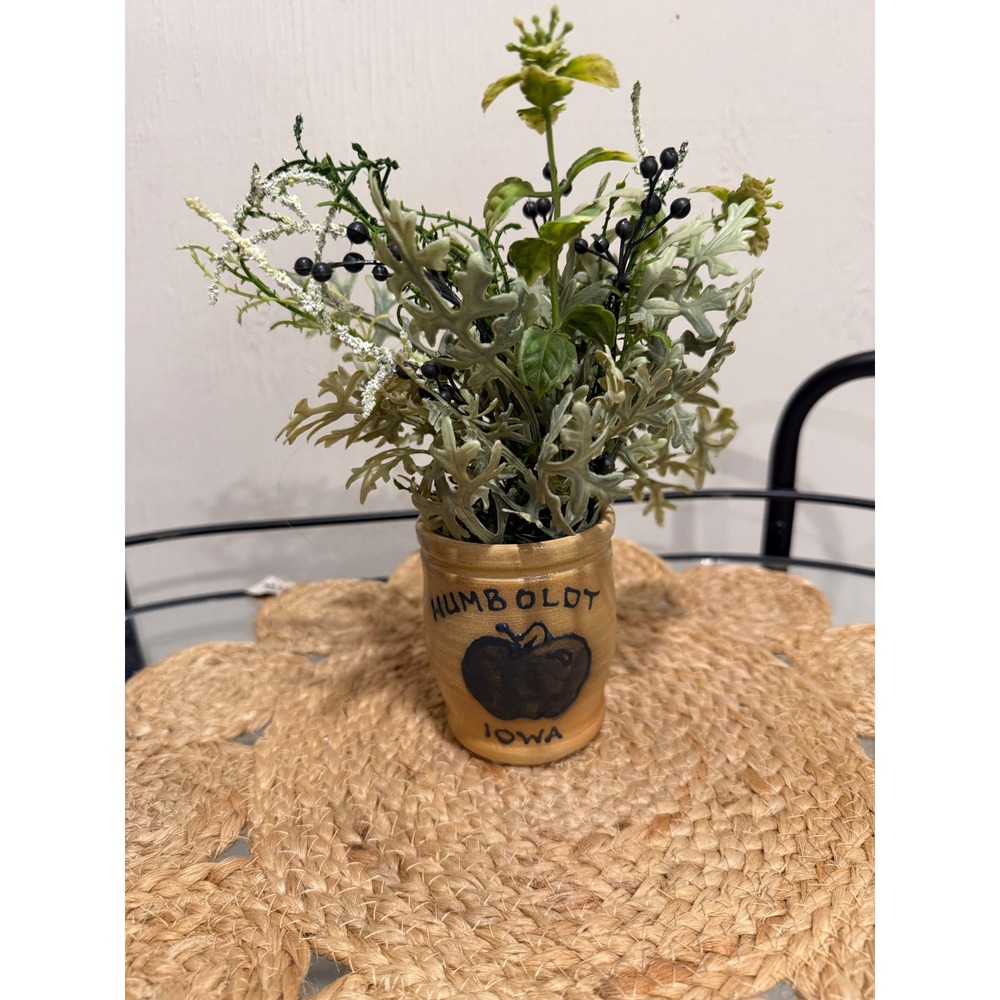 Maple City Pottery Humboldt Iowa Apple Stoneware Crock with Faux Greenery Small